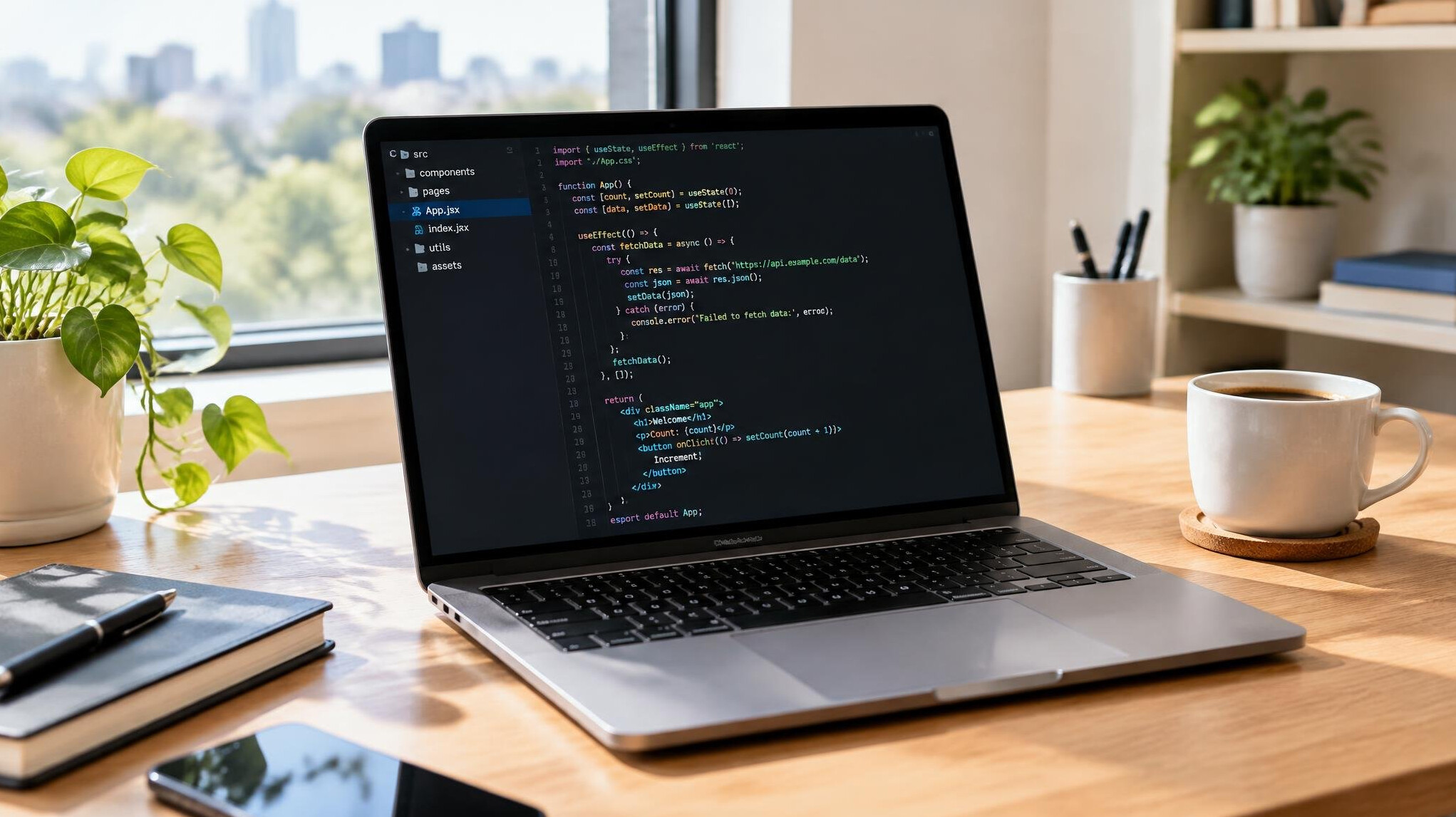 Laptop with programming code on screen on a wooden desk