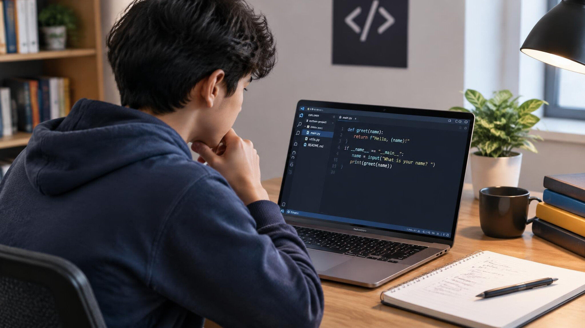 beginner programmer at desk