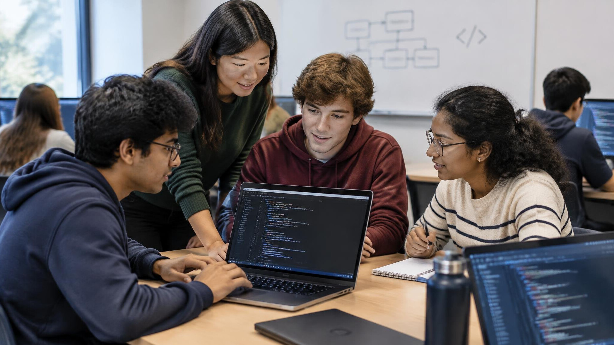group of students coding together