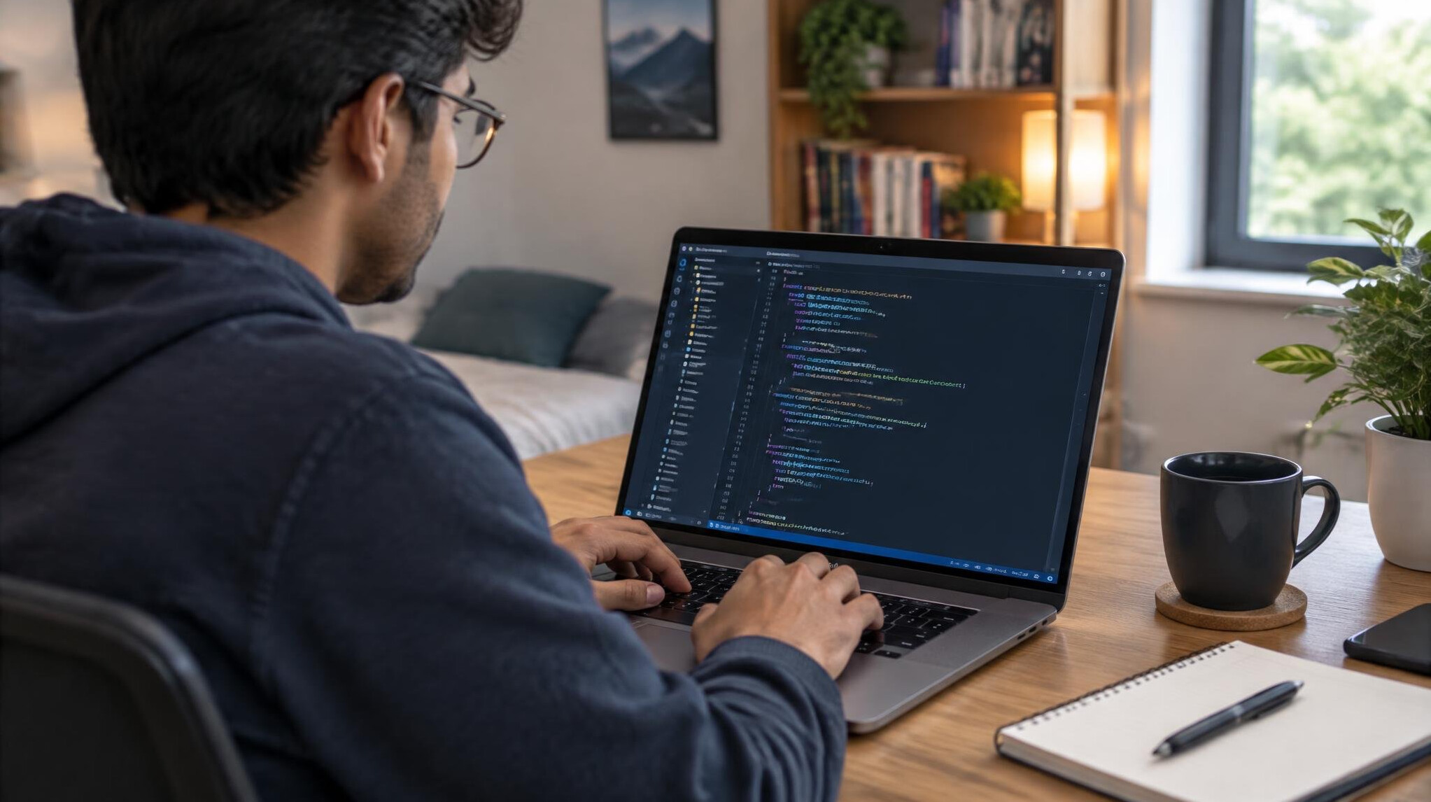 person writing code on laptop